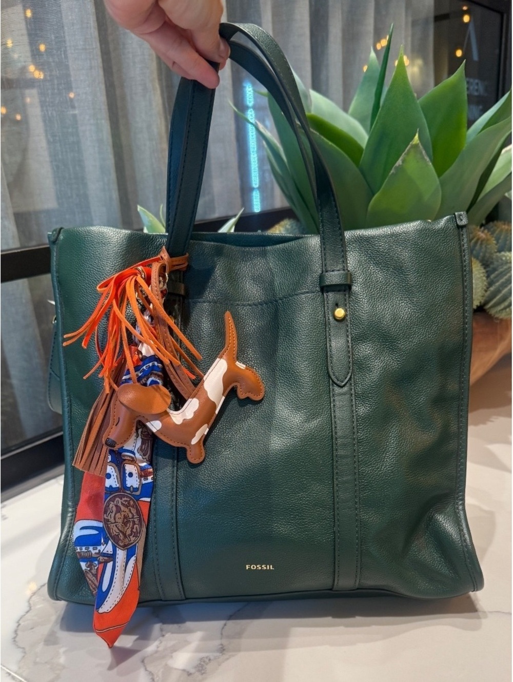Fossil Teal Green Leather Tote Bag with Detachable Shoulder Strap